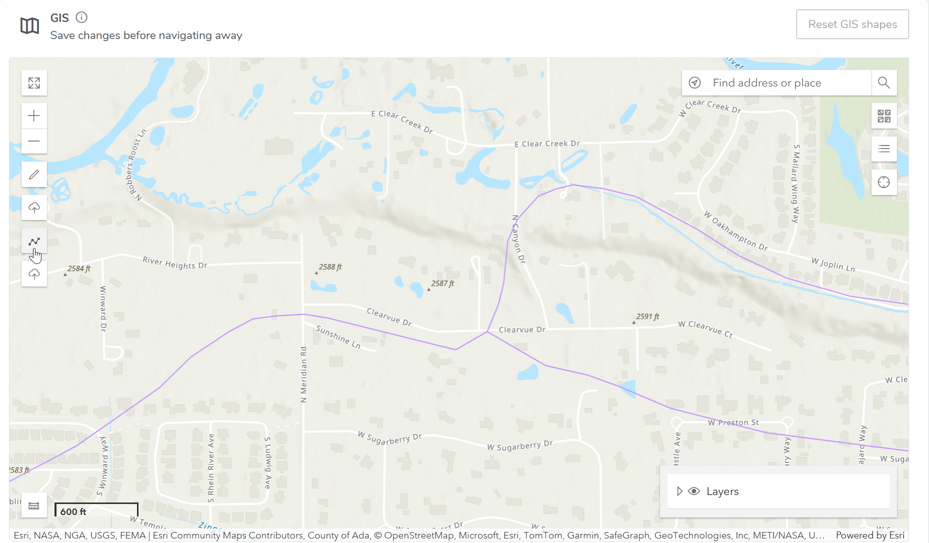 The segment tool in the application: two clicks near a route produce a segment that follows the route
